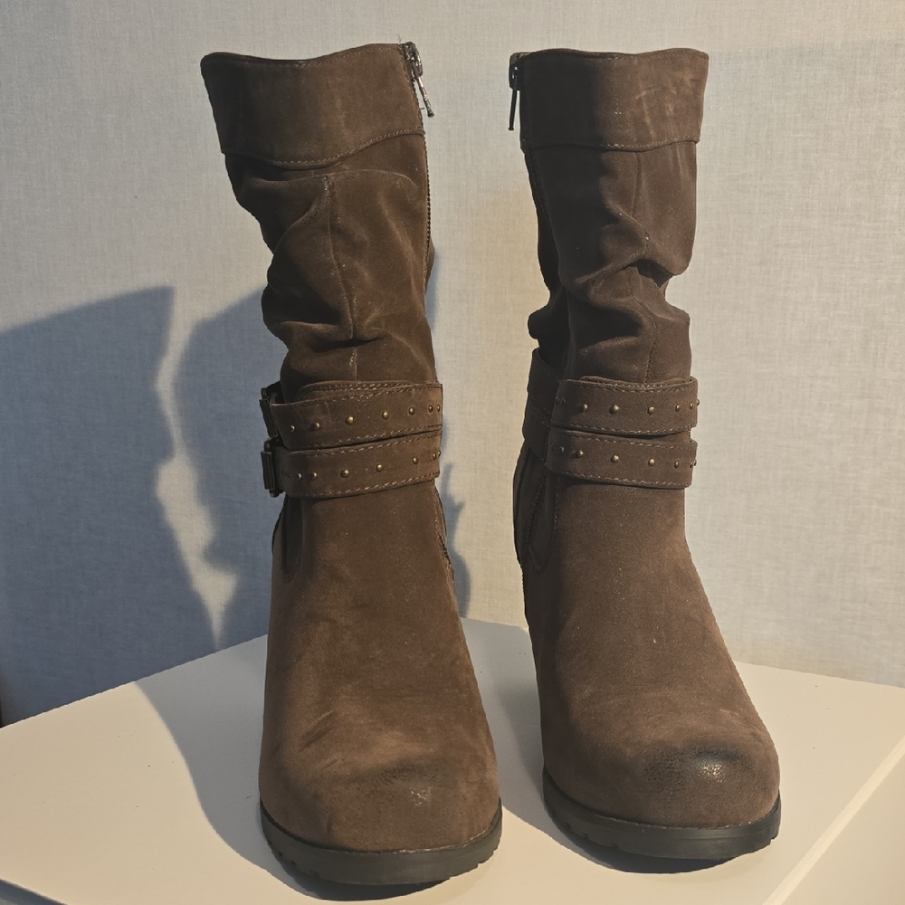 levity Brown Suede Mid-Calf Heeled Boots with Studded Strap
